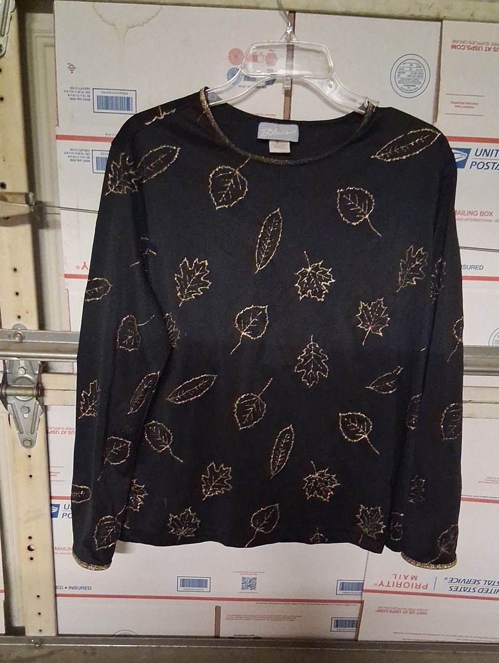 Blair Size L Black Long-Sleeve Top with Gold Leaf Motif ( SKU A 109)